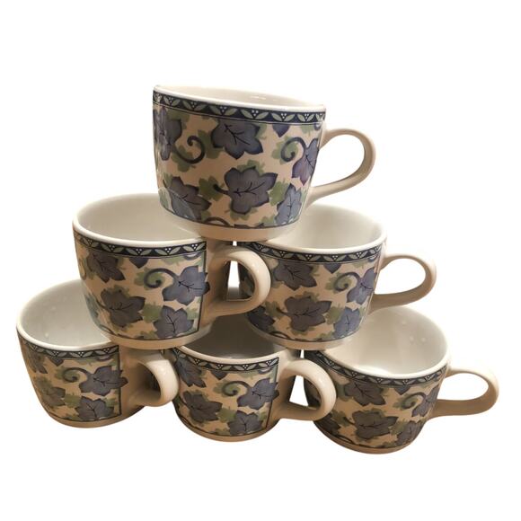 Pfaltzgraff BLUE ISLE Set of SIX 6 Flat COFFEE CUPS blue green leaves EXCELLENT - Picture 1 of 8